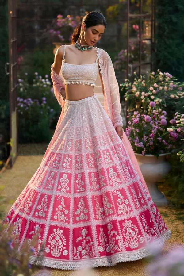 Ombré Blush Pink Lehenga with Ivory Resham and Sequin Embroidery