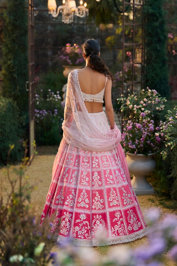 Ombré Blush Pink Lehenga with Ivory Resham and Sequin Embroidery