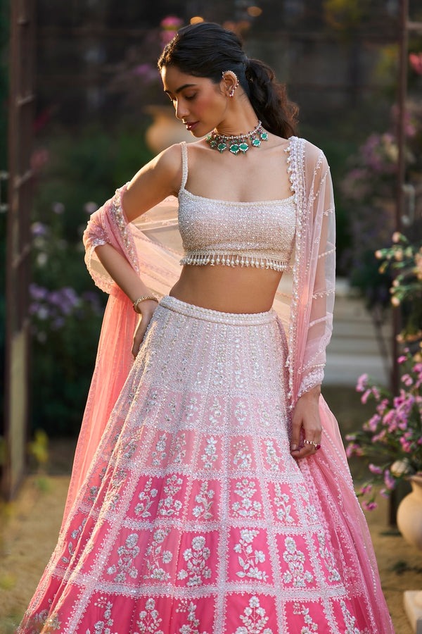 Ombré Blush Pink Lehenga with Ivory Resham and Sequin Embroidery