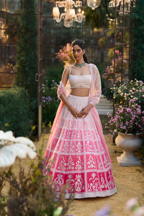 Ombré Blush Pink Lehenga with Ivory Resham and Sequin Embroidery