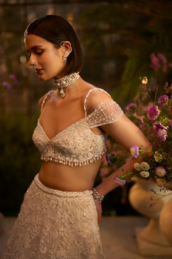 Champagne Ivory Lehenga with Pearl Zardozi and Sequin Embellishment
