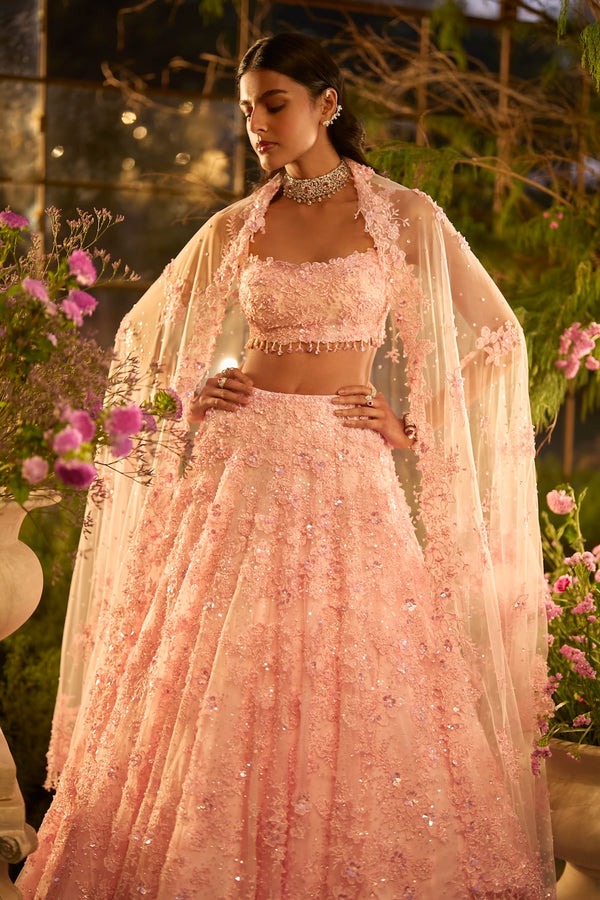 Blush Peach Lehenga with Crystal Zardozi and Sequin Embellishment
