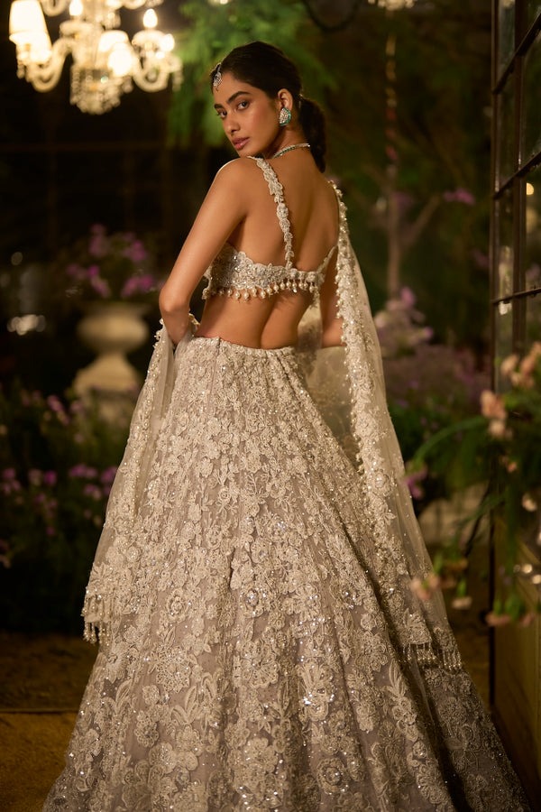 Champagne Beige Lehenga with Intricate Pearl Zardozi and Sequin Embroidery