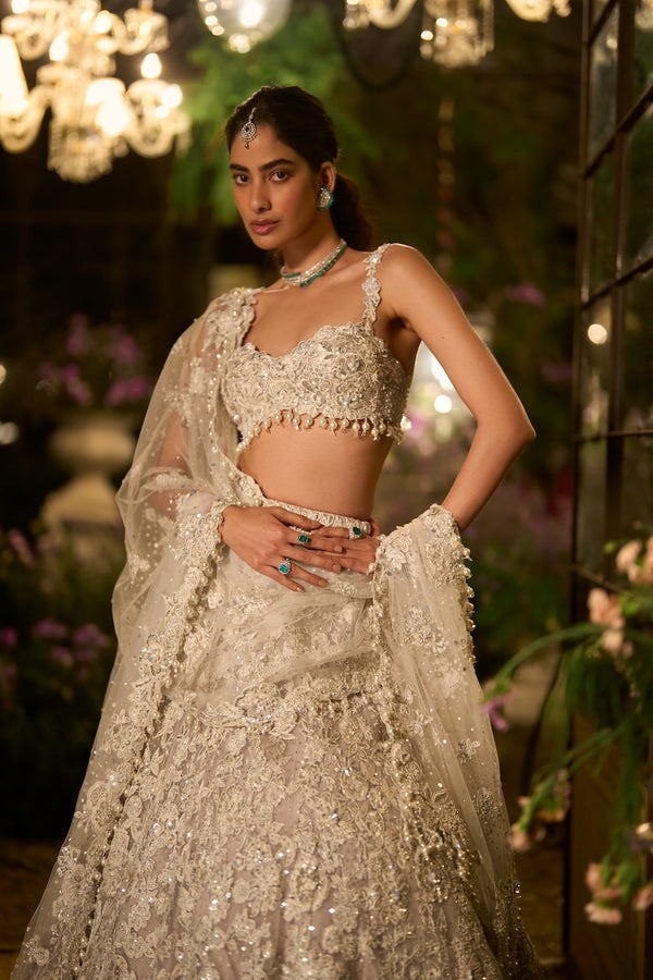 Champagne Beige Lehenga with Intricate Pearl Zardozi and Sequin Embroidery