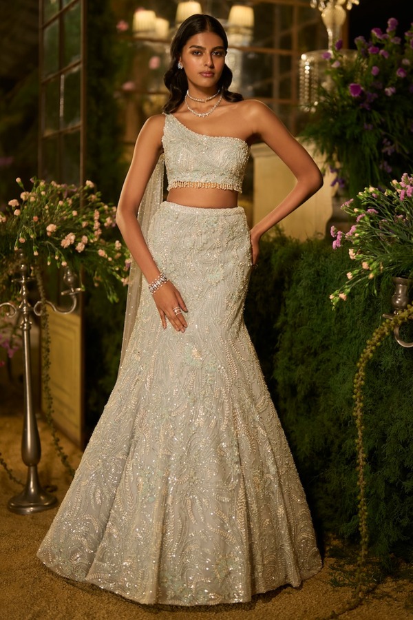 Champagne Ivory Mermaid Lehenga with Intricate Zardozi and Sequin Embroidery