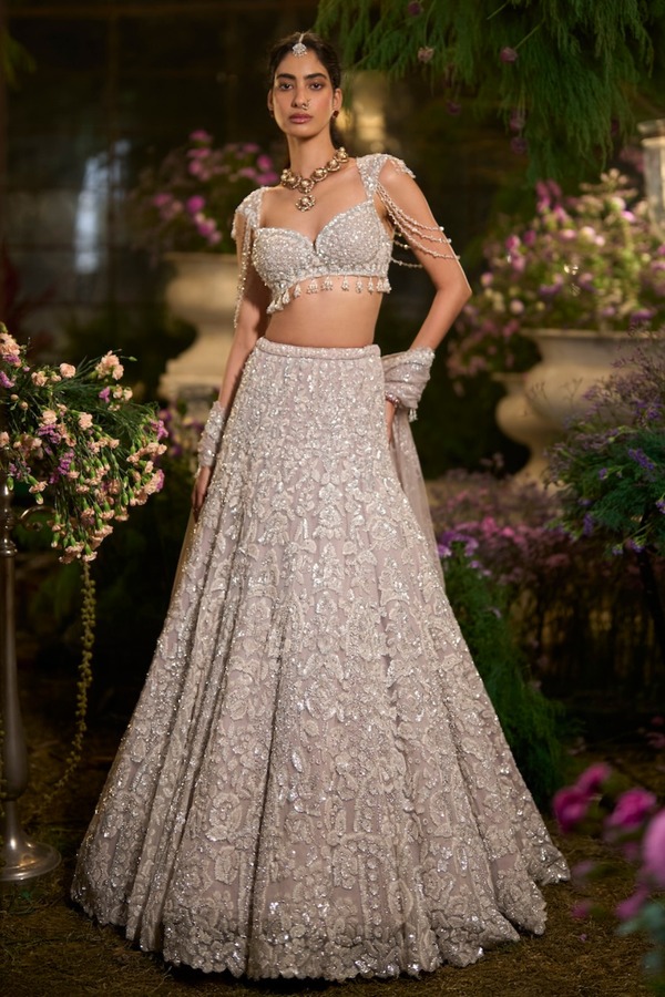 Champagne Taupe Lehenga with Pearl Zardozi and Sequin Embroidery
