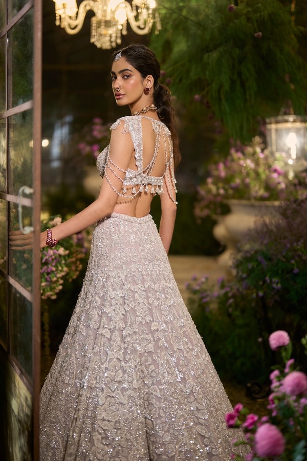 Champagne Taupe Lehenga with Pearl Zardozi and Sequin Embroidery