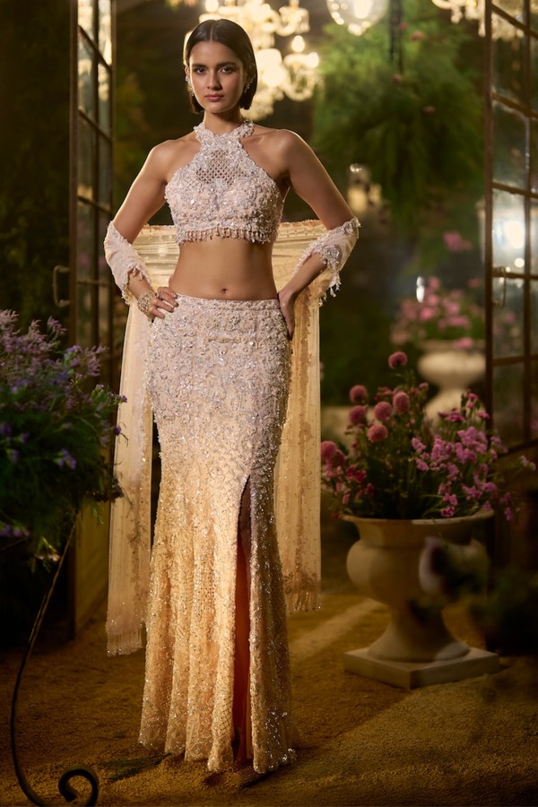 Champagne Gold Embroidered Skirt Set with Crystal Zardozi and Sequin Detailing