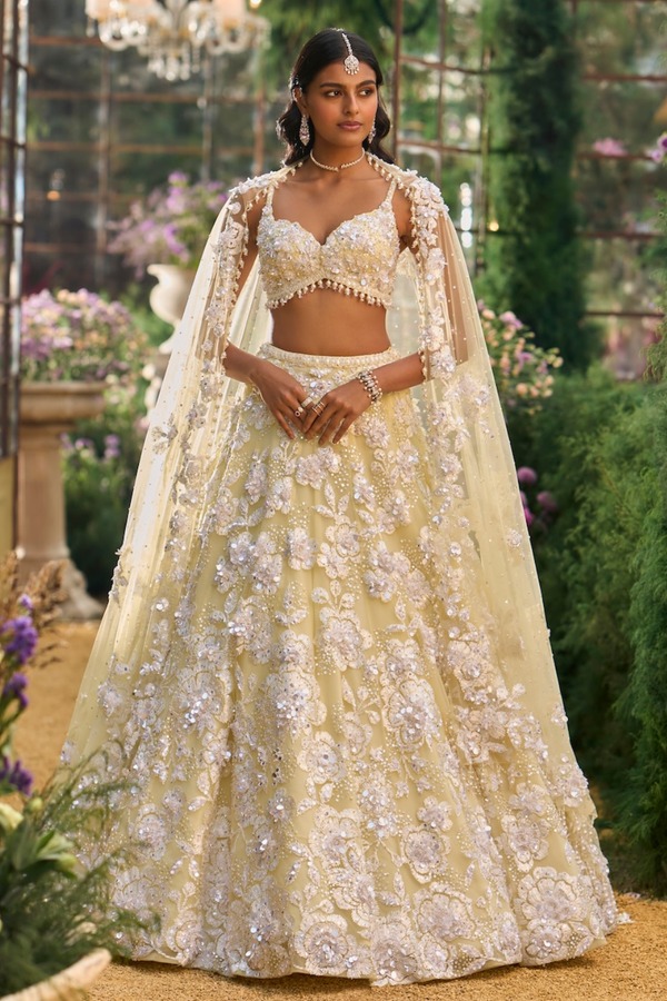 Butter Yellow Lehenga with Pearl Floral Zardozi and Sequin Embellishment