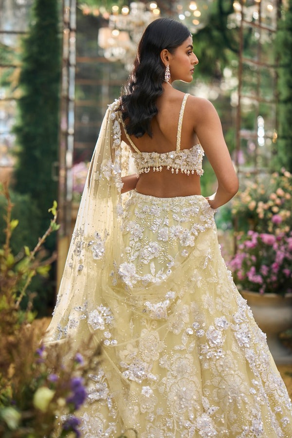 Butter Yellow Lehenga with Pearl Floral Zardozi and Sequin Embellishment