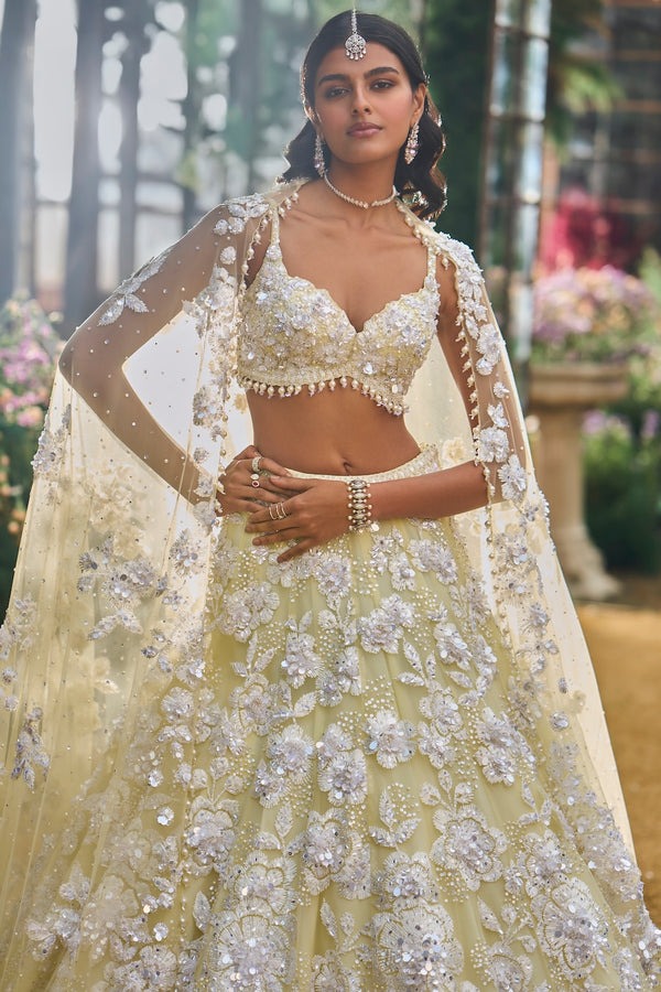 Butter Yellow Lehenga with Pearl Floral Zardozi and Sequin Embellishment