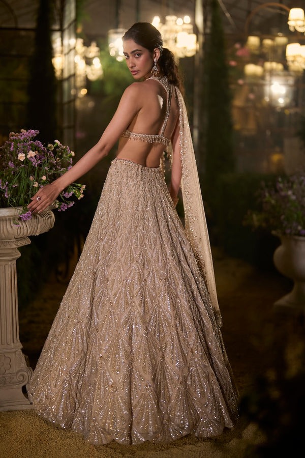 Antique Gold Lehenga with Geometric Zardozi and Sequin Embroidery