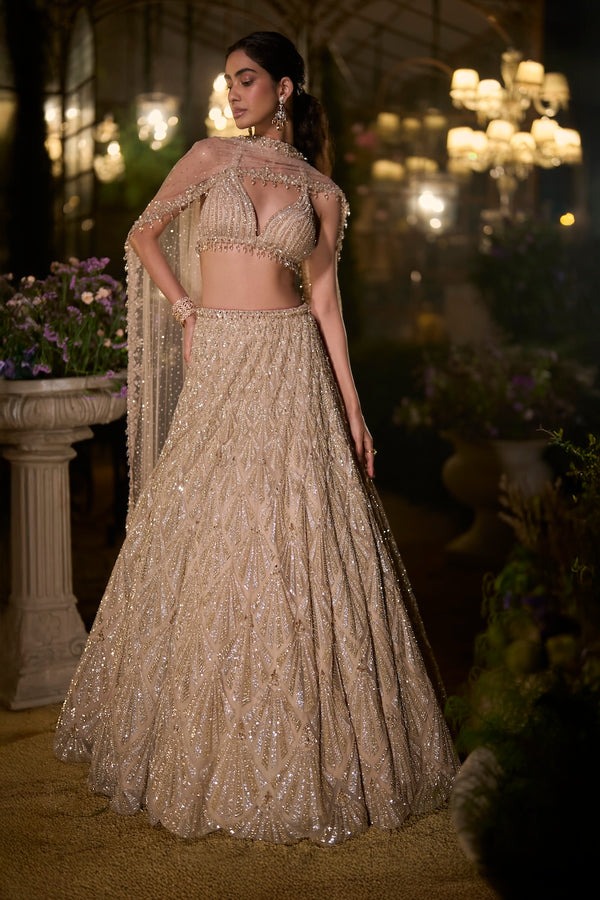 Antique Gold Lehenga with Geometric Zardozi and Sequin Embroidery