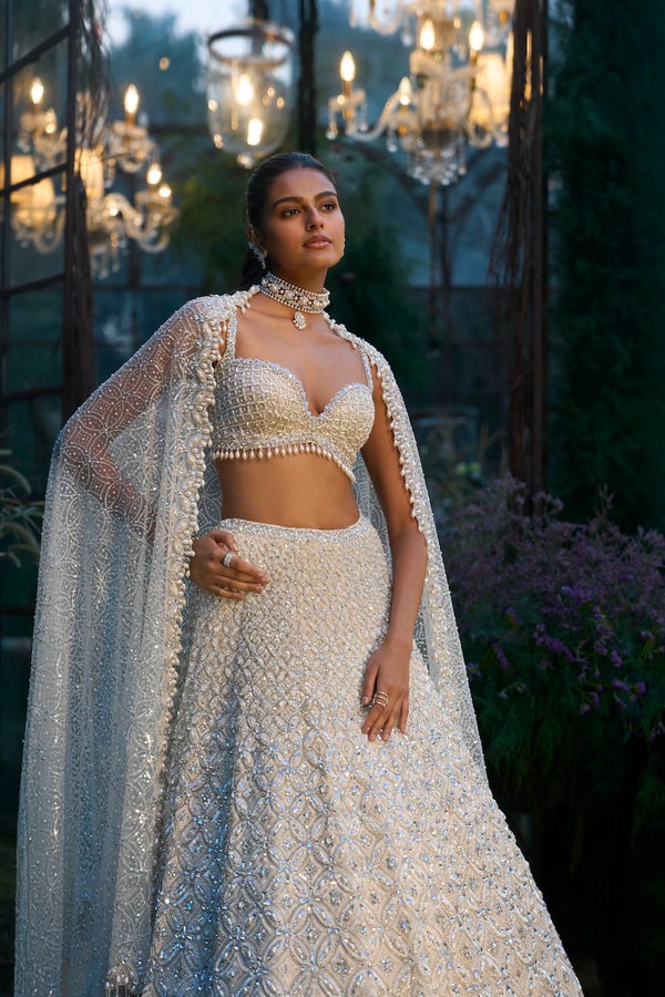 Ivory Lehenga with Geometric Pearl Zardozi and Sequin Embroidery