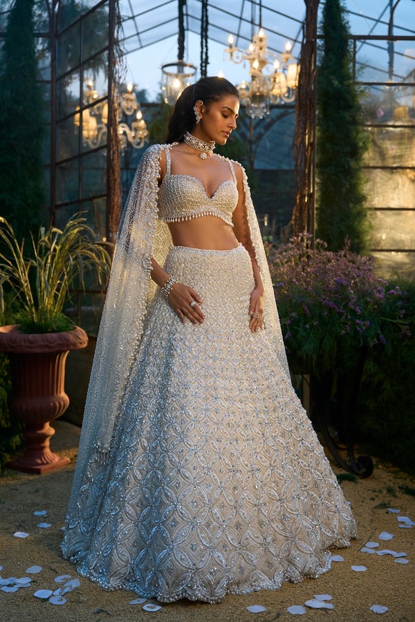 Ivory Lehenga with Geometric Pearl Zardozi and Sequin Embroidery
