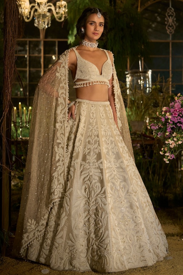 Antique Champagne Lehenga with Intricate Resham and Pearl Zardozi Embroidery