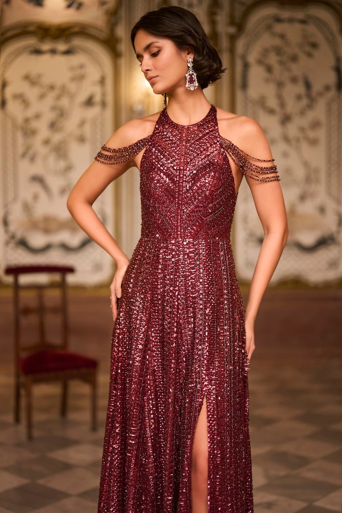 Deep Burgundy Sequin Gown with Halter Neck and Crystal Embellishment
