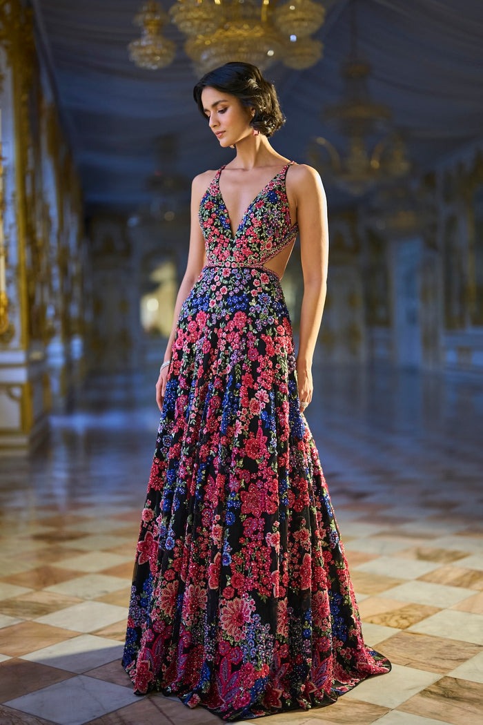 Black Evening Gown with Multicolour Floral Sequin and Thread Embroidery