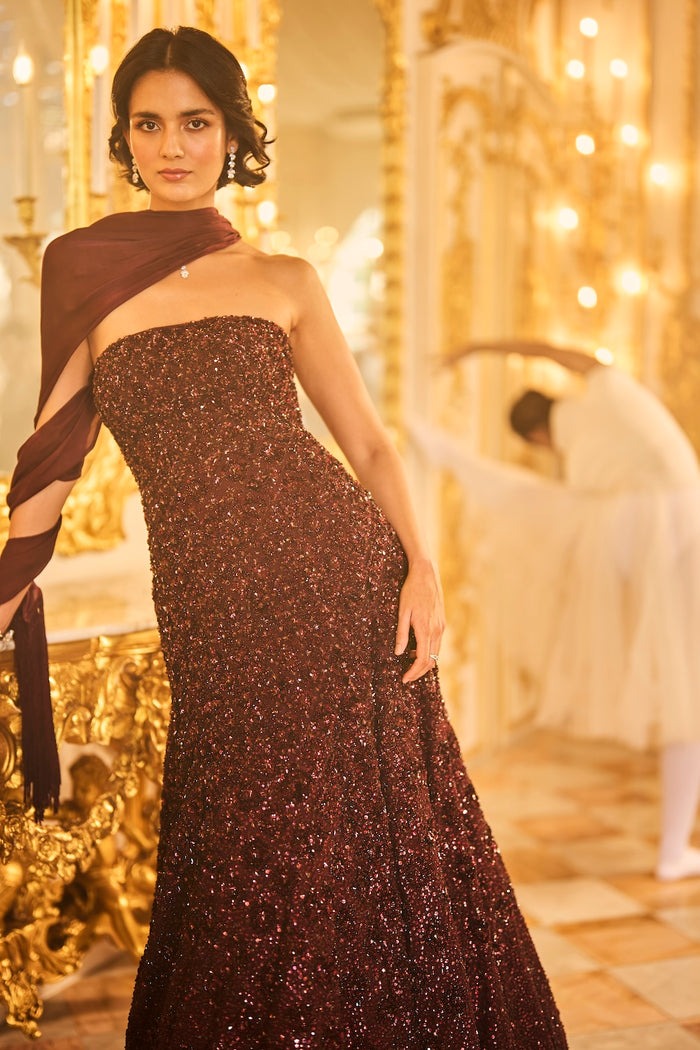 Deep Wine Strapless Gown with All-Over Sequin Embellishment