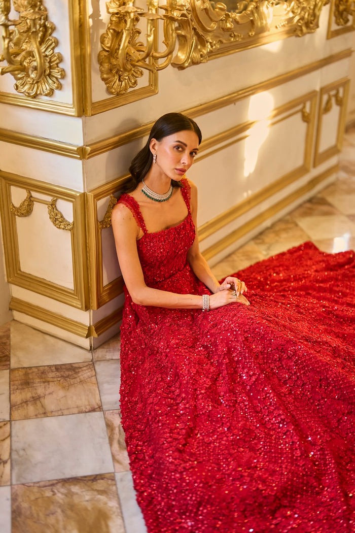 Crimson Red Ball Gown with 3D Floral Sequin Embellishment