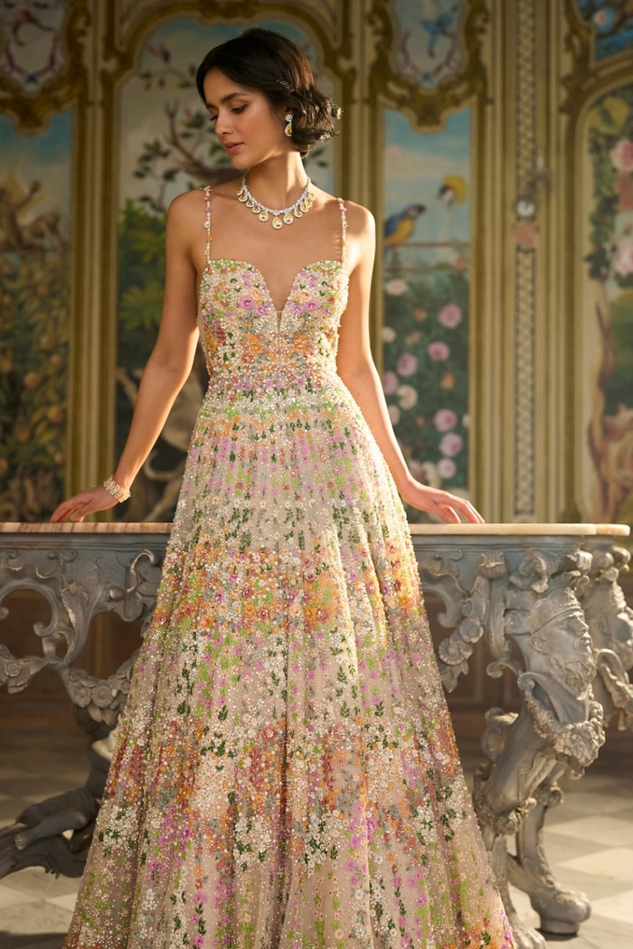 Champagne Blush Gown with Multicolour Floral Crystal and Sequin Embellishment