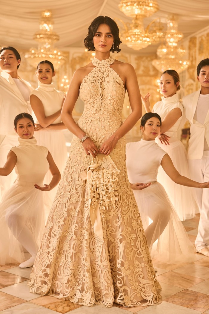 Champagne Gold Halter Gown with Intricate Zardozi and Thread Embroidery