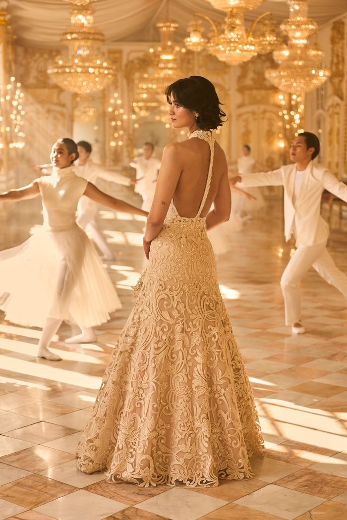 Champagne Gold Halter Gown with Intricate Zardozi and Thread Embroidery