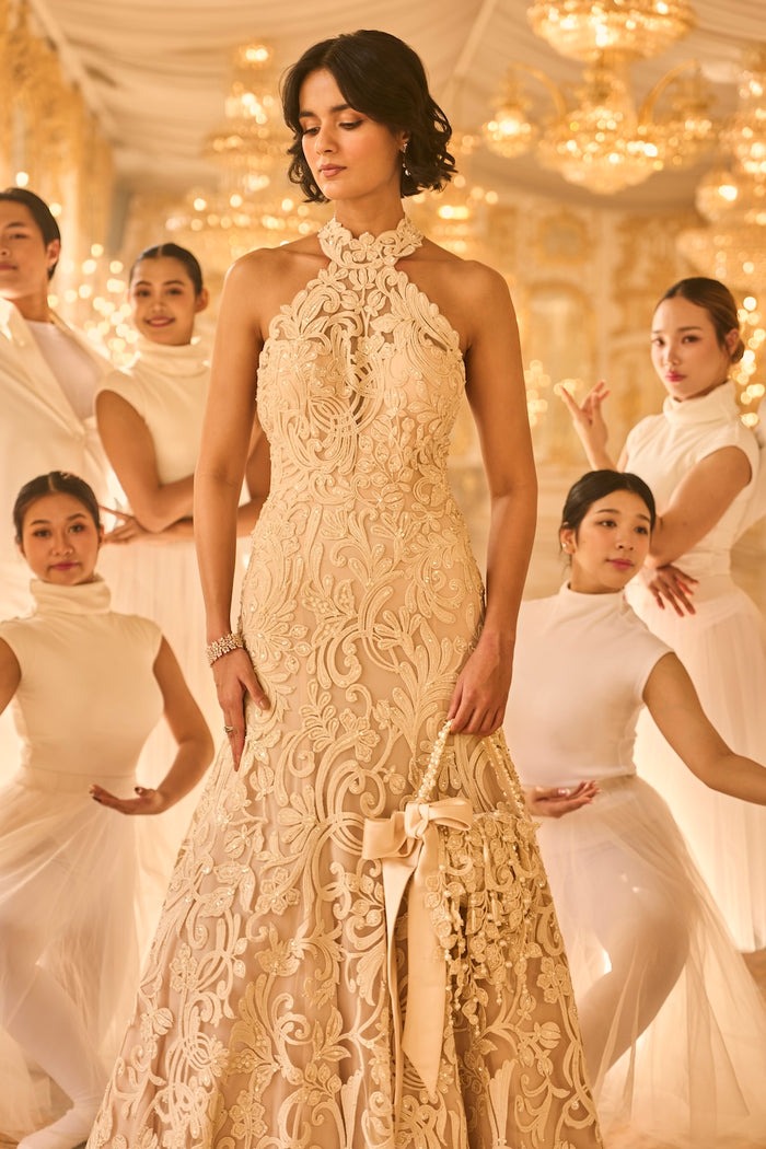 Champagne Gold Halter Gown with Intricate Zardozi and Thread Embroidery