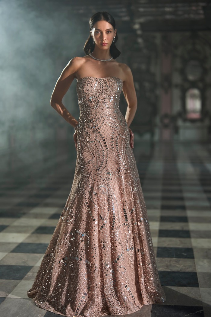 Rose Gold Strapless Gown with Mirrorwork and Crystal Embellishment