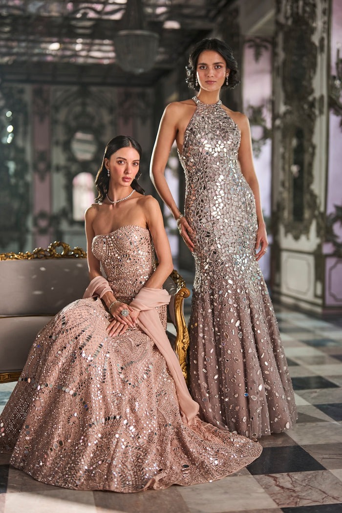 Rose Gold Strapless Gown with Mirrorwork and Crystal Embellishment