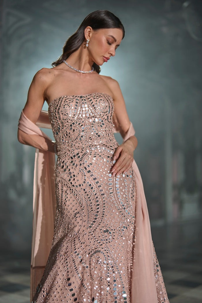 Rose Gold Strapless Gown with Mirrorwork and Crystal Embellishment