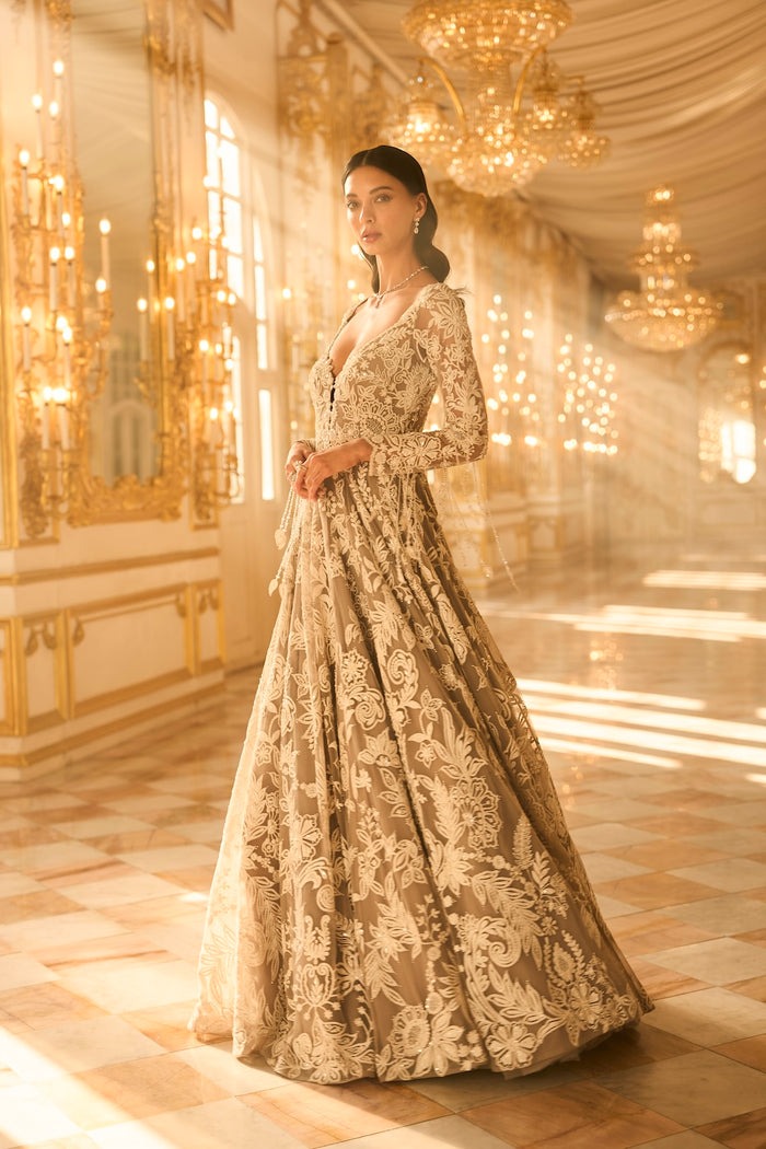 Champagne Ivory Lace Gown with Intricate Floral Threadwork