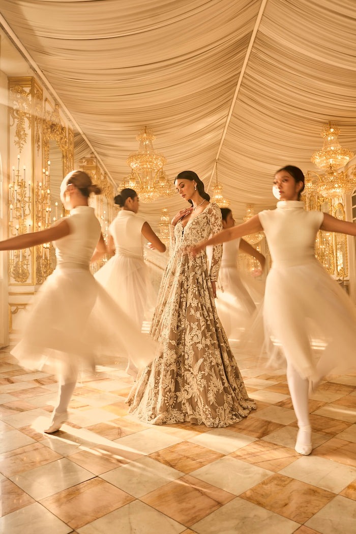 Champagne Ivory Lace Gown with Intricate Floral Threadwork