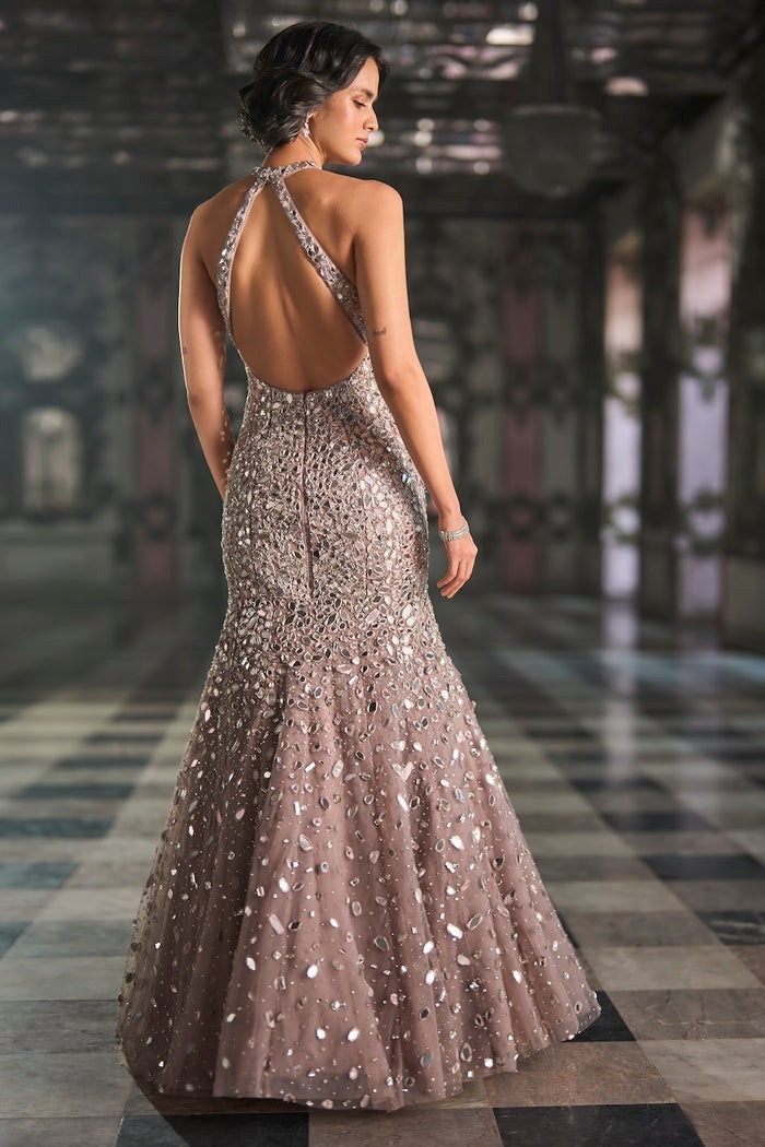 Taupe Silver Halter Gown with Mirrorwork and Crystal Embellishment