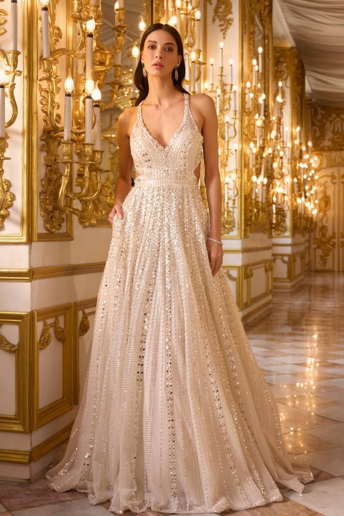 Champagne Gold Gown with Linear Crystal and Sequin Embellishment