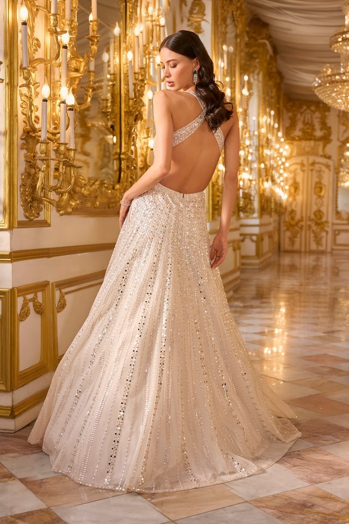 Champagne Gold Gown with Linear Crystal and Sequin Embellishment