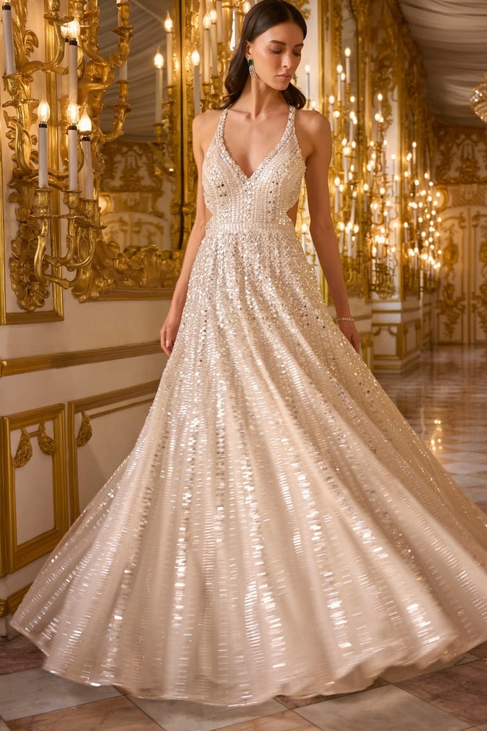 Champagne Gold Gown with Linear Crystal and Sequin Embellishment