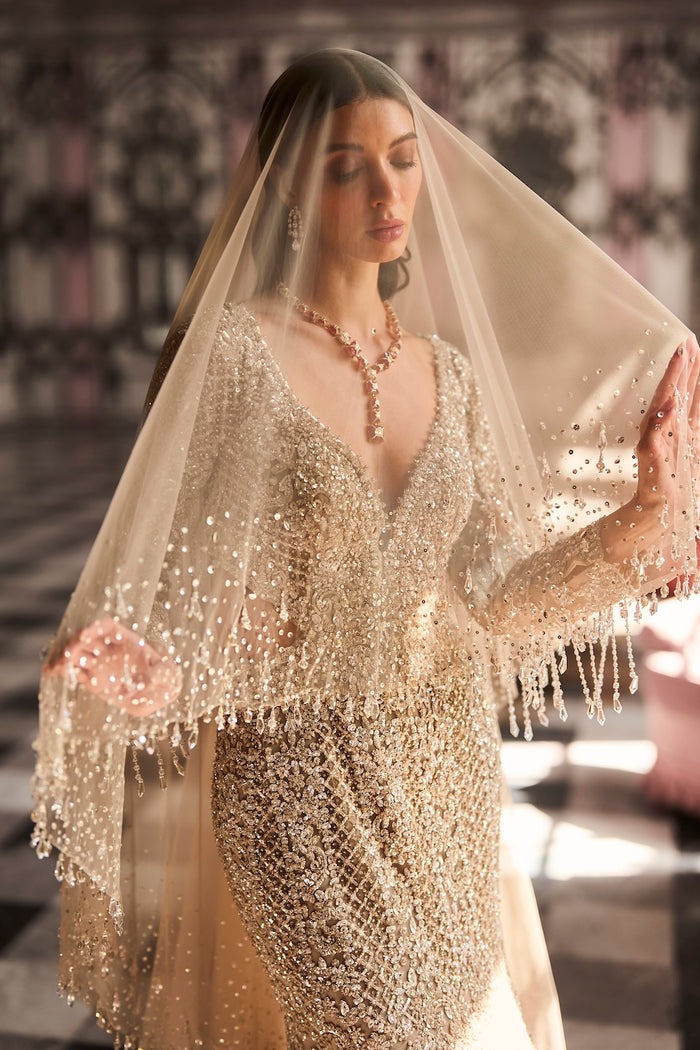 Antique Gold Bridal Gown with Zardozi Embroidery and Sheer Embellished Veil