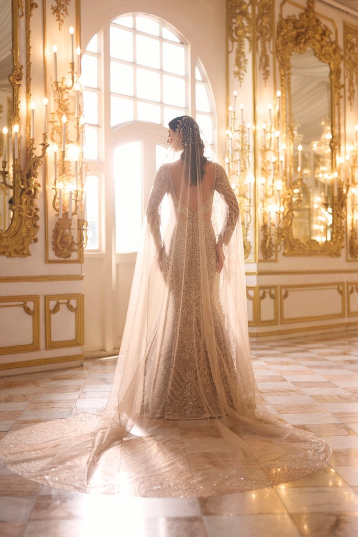 Antique Gold Bridal Gown with Zardozi Embroidery and Sheer Embellished Veil