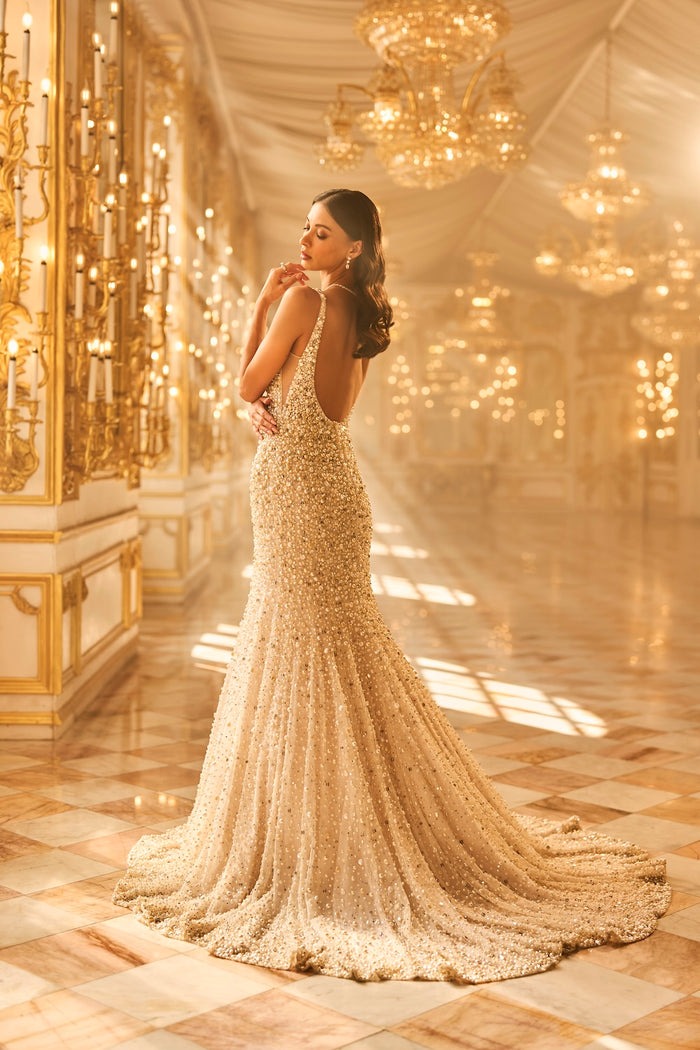 Champagne Gold Bridal Mermaid Gown with Pearl and Crystal Embellishment