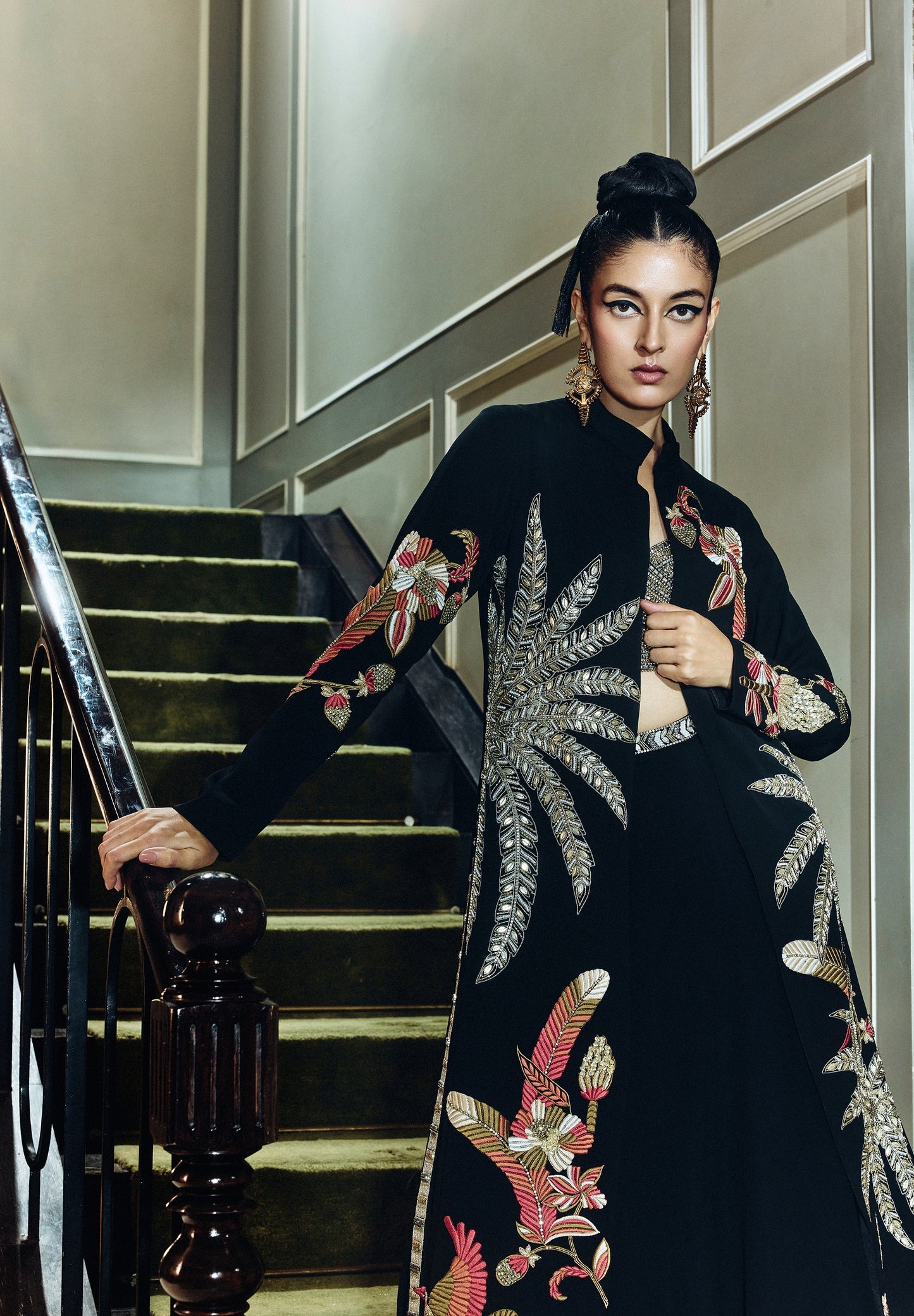 Black Lehenga with Tropical Embroidered Overlay Jacket