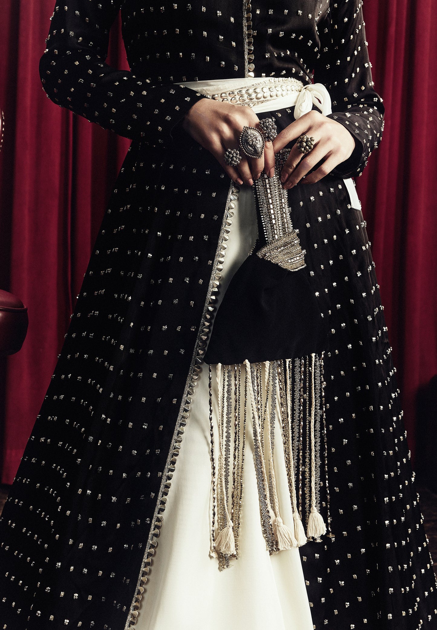 Black and Ivory Panelled Lehenga with Studded Embellishment