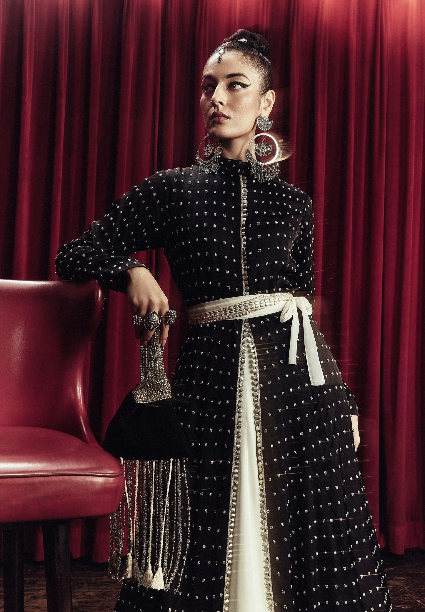 Black and Ivory Panelled Lehenga with Studded Embellishment