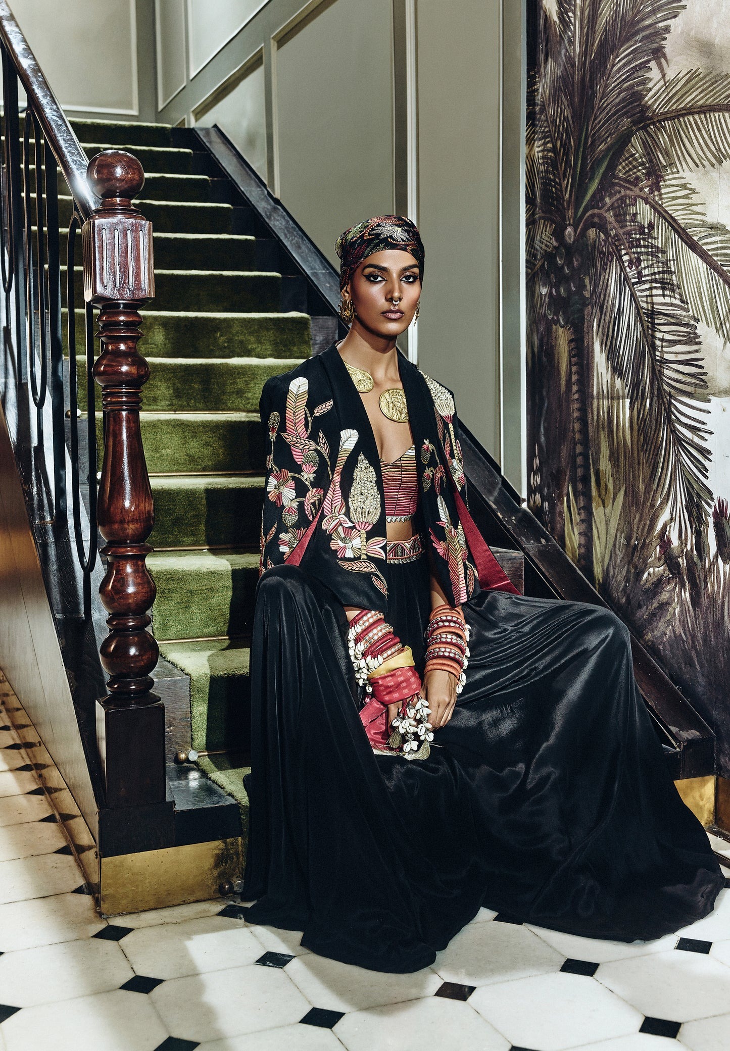 Black Lehenga with Embroidered Jacket and Striped Blouse