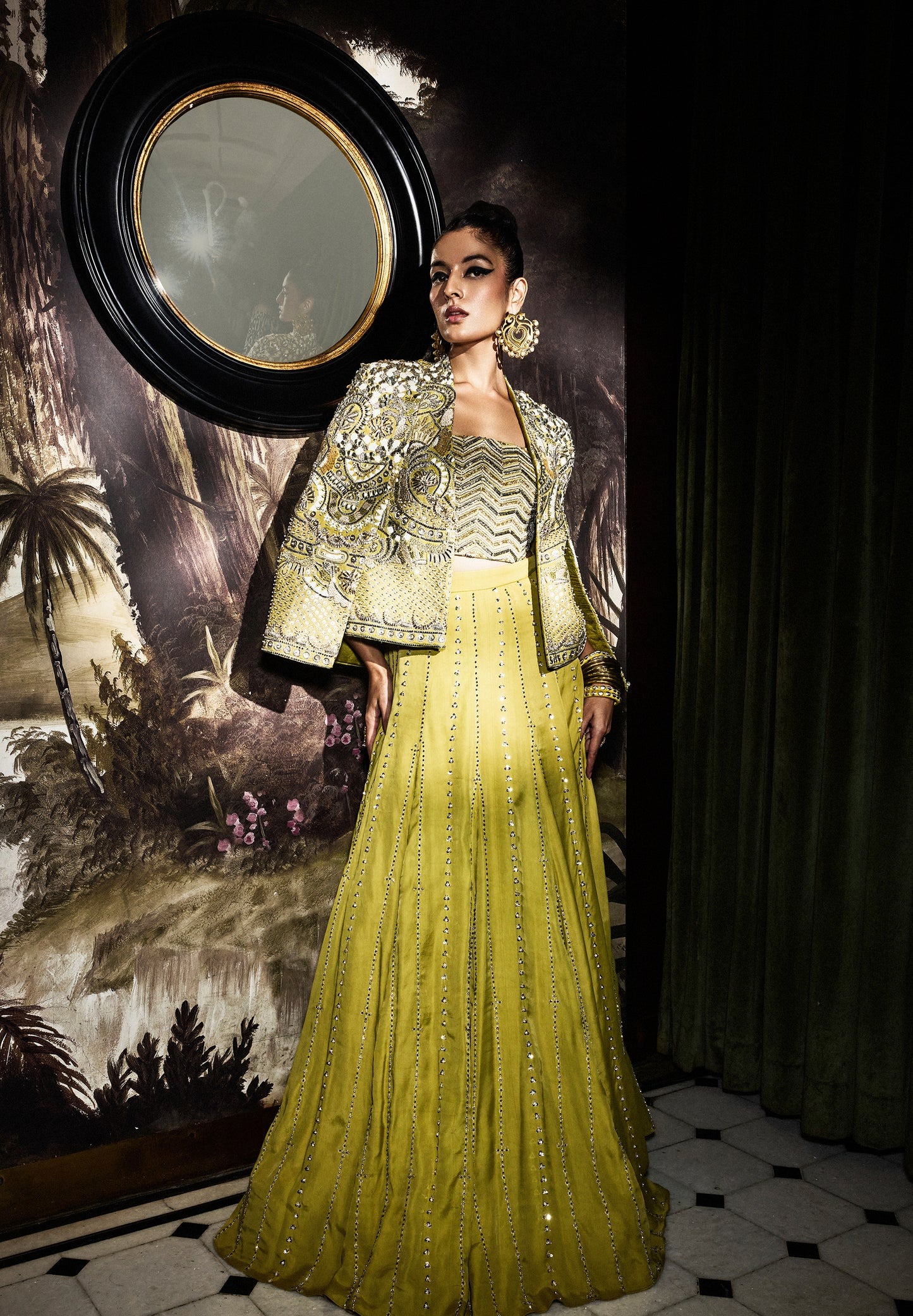 Chartreuse Lehenga with Embellished Jacket and Mirror-Stud Detailing