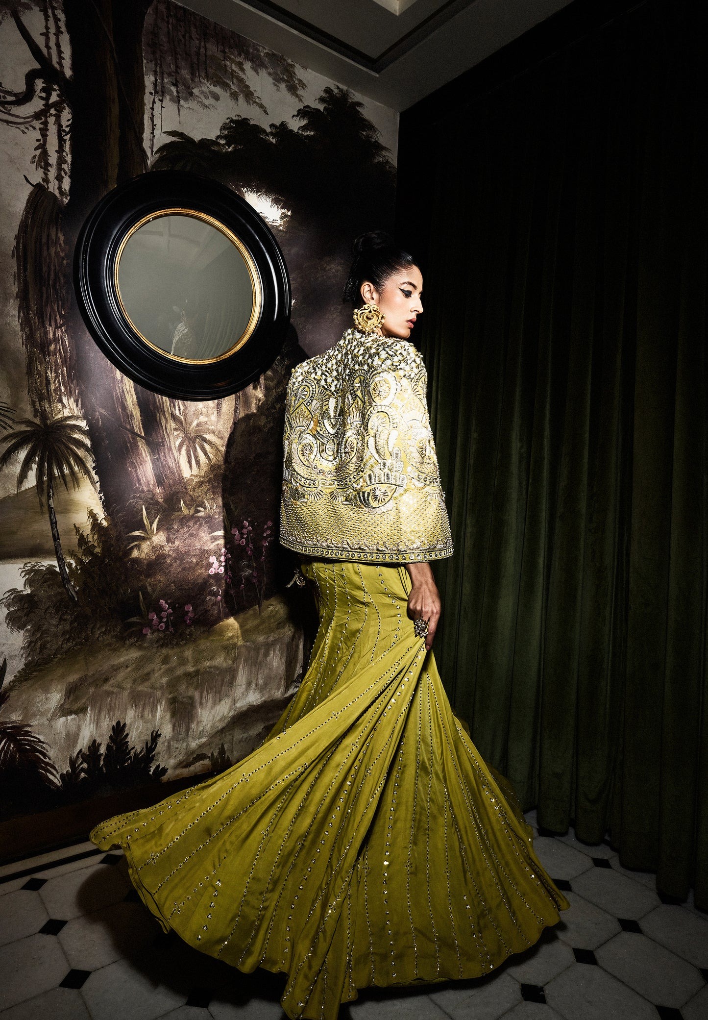 Chartreuse Lehenga with Embellished Jacket and Mirror-Stud Detailing