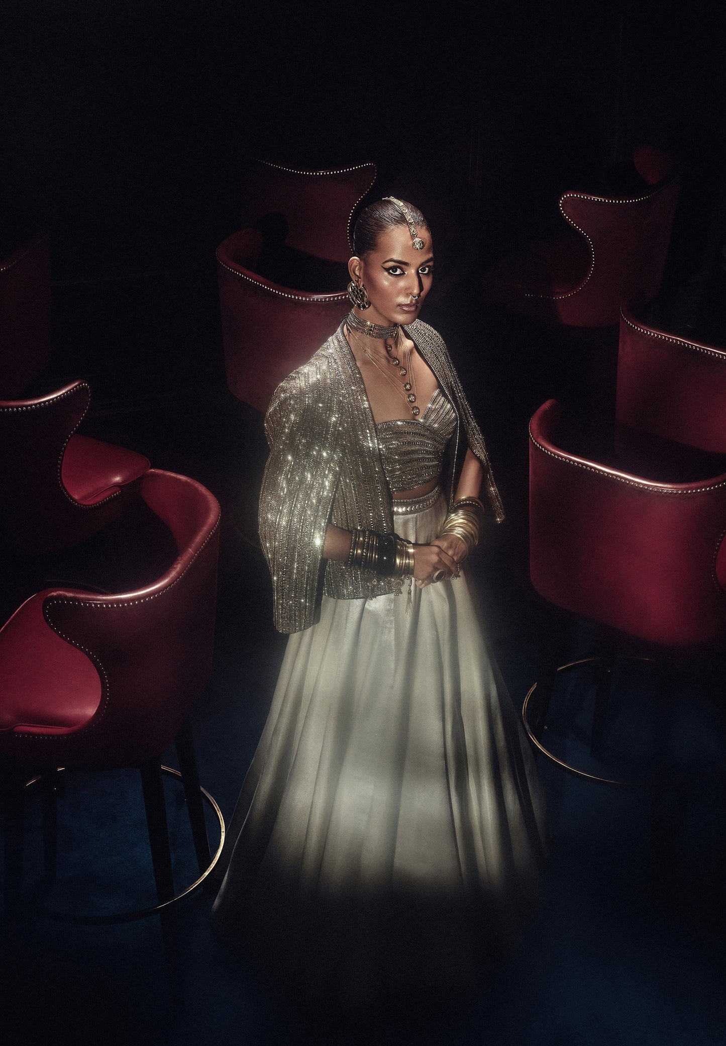 Metallic Ombre Lehenga with Embellished Blouse and Cape Jacket