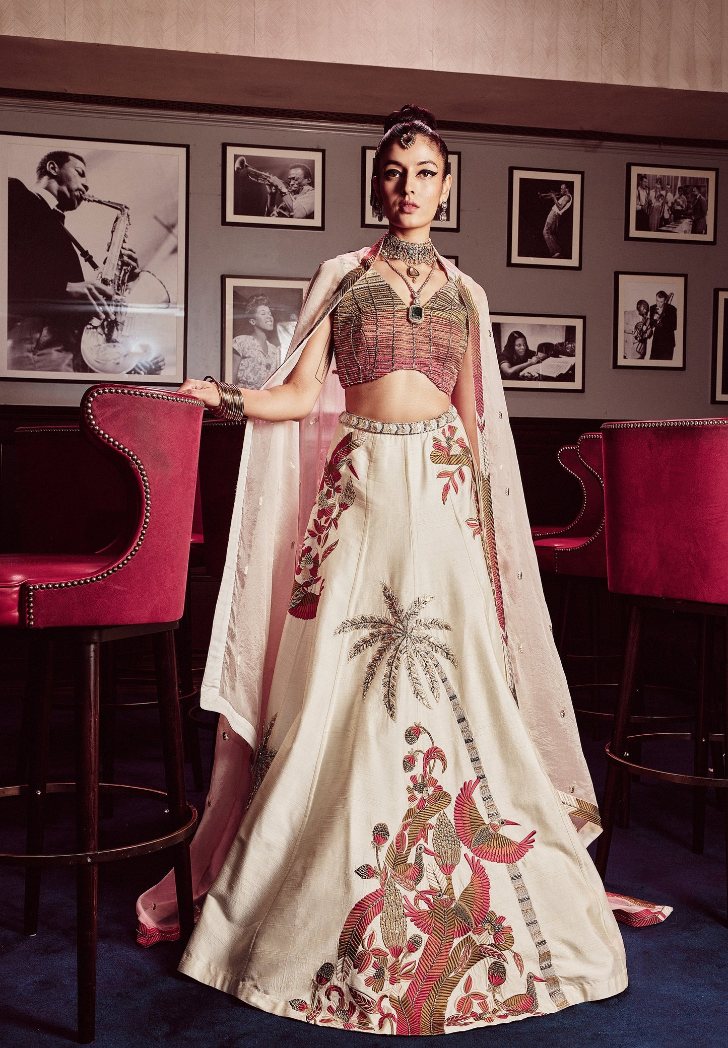 Ivory Lehenga with Tropical Embroidery and Striped Blouse