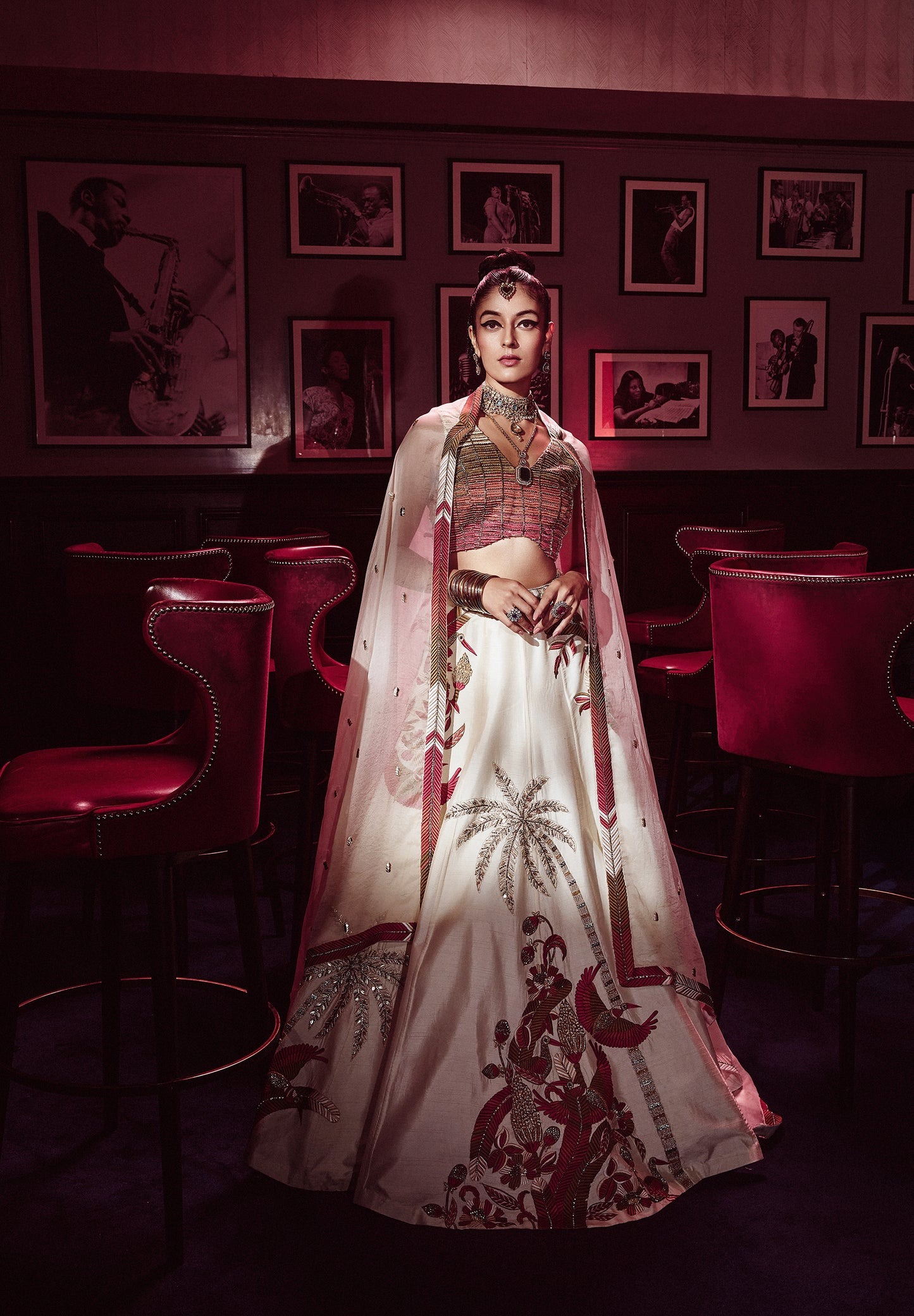 Ivory Lehenga with Tropical Embroidery and Striped Blouse