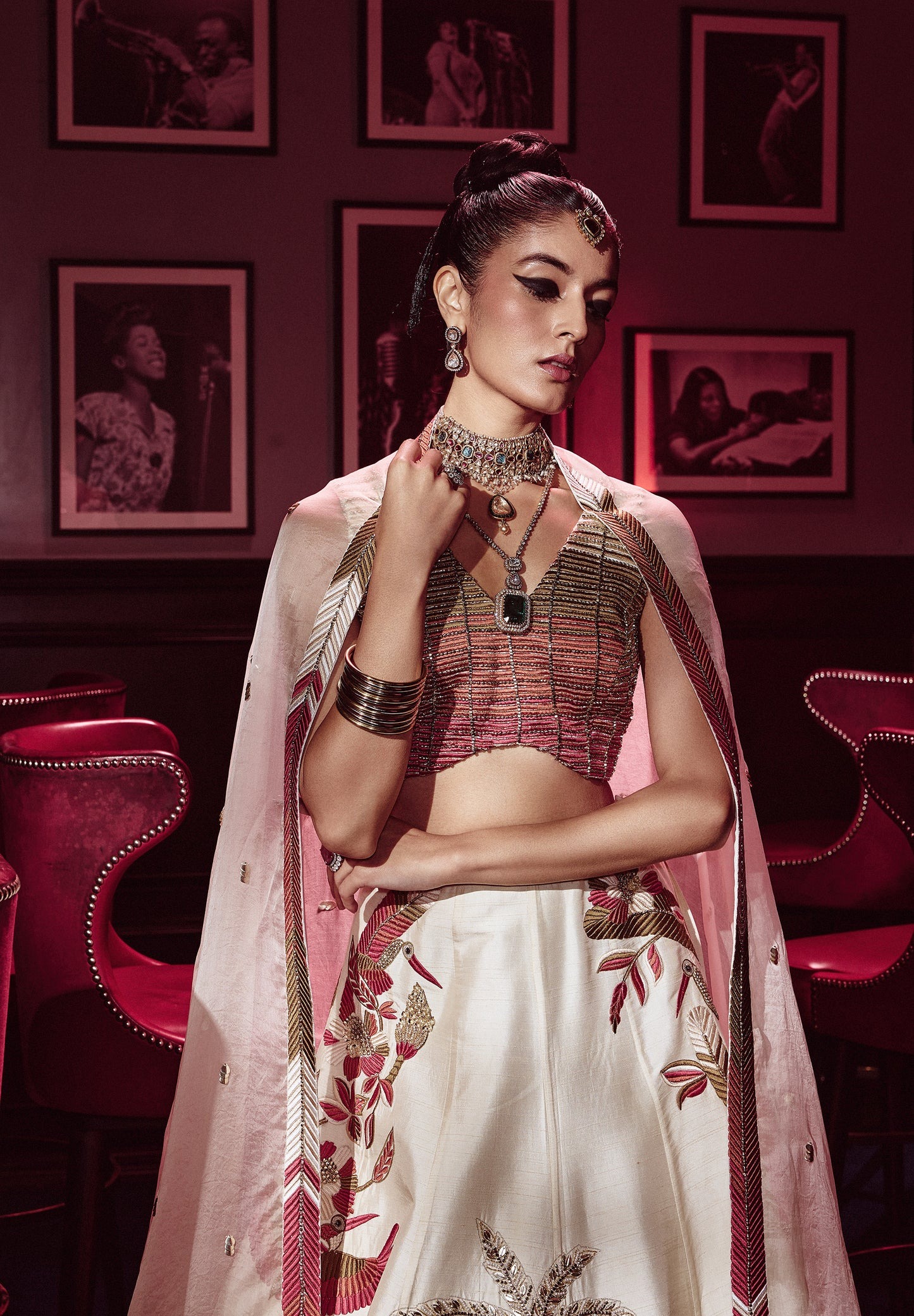 Ivory Lehenga with Tropical Embroidery and Striped Blouse